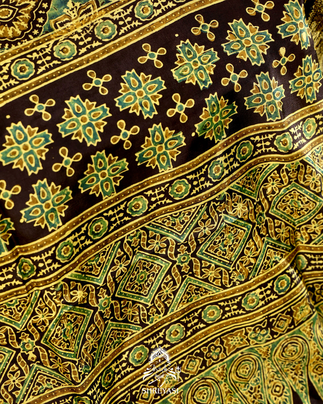 Hand Block Printed Ajrakh Dola Silk Saree with Zari Brocade Blouse