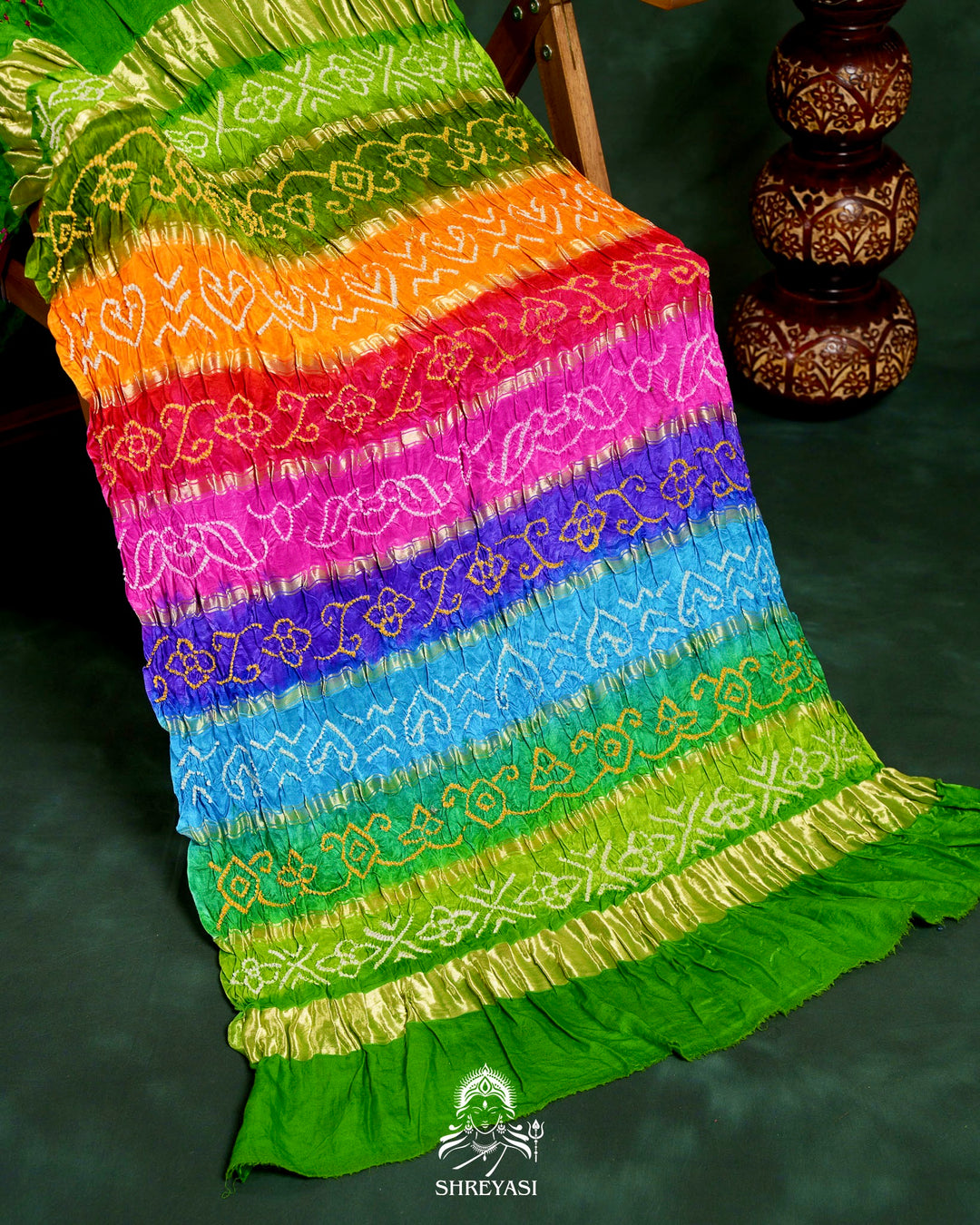 Handloom Pure Bandhani Gaji Silk Saree with Hand-Knotted Bandhej and Multicolored Bandhani Pallu