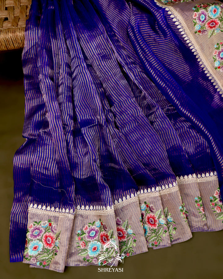 Handloom Banarasi Tissue Stripe Silk Saree with Satin Stitch Floral Embroidered Borders