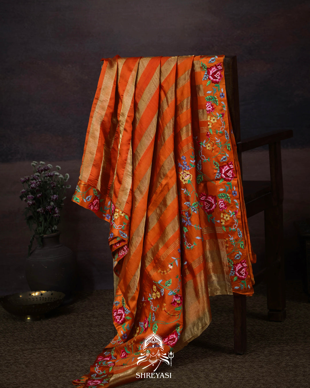 Handloom Pure Banarasi Tissue Stripes Saree with Petit Point Embroidered Borders