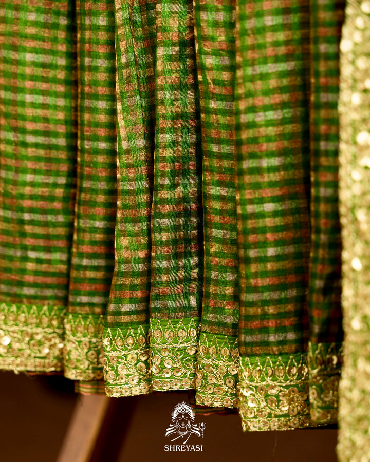 Banarasi Tissue Silk Saree with Embroidered Borders & Petit Point Embroidered Velvet Blouse