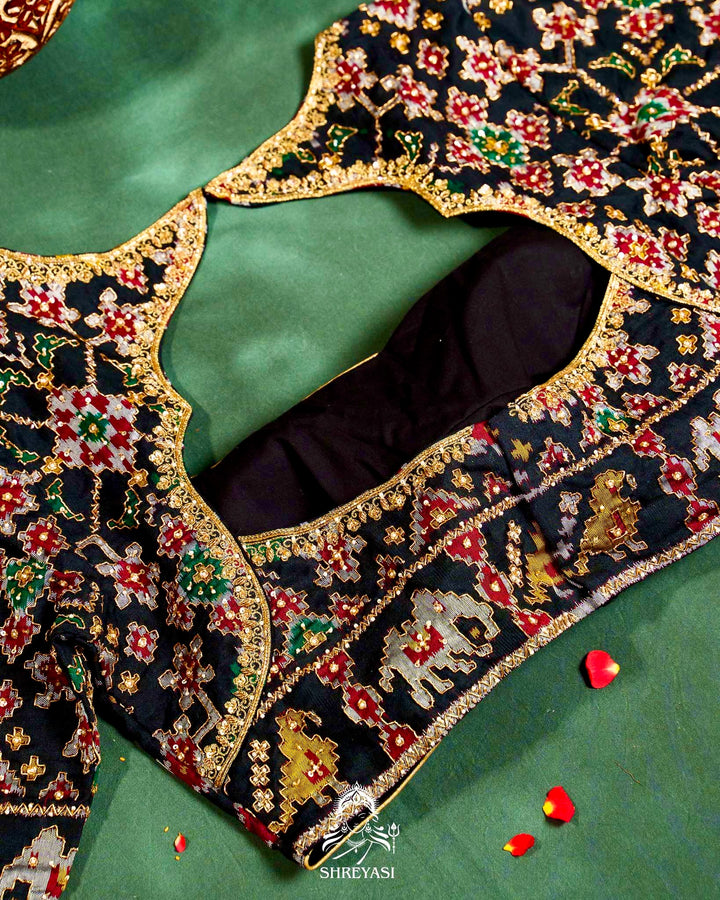 Handloom Pure Single Ikat Rajkot Patola Silk Blouse with Rich Hand Embroidery