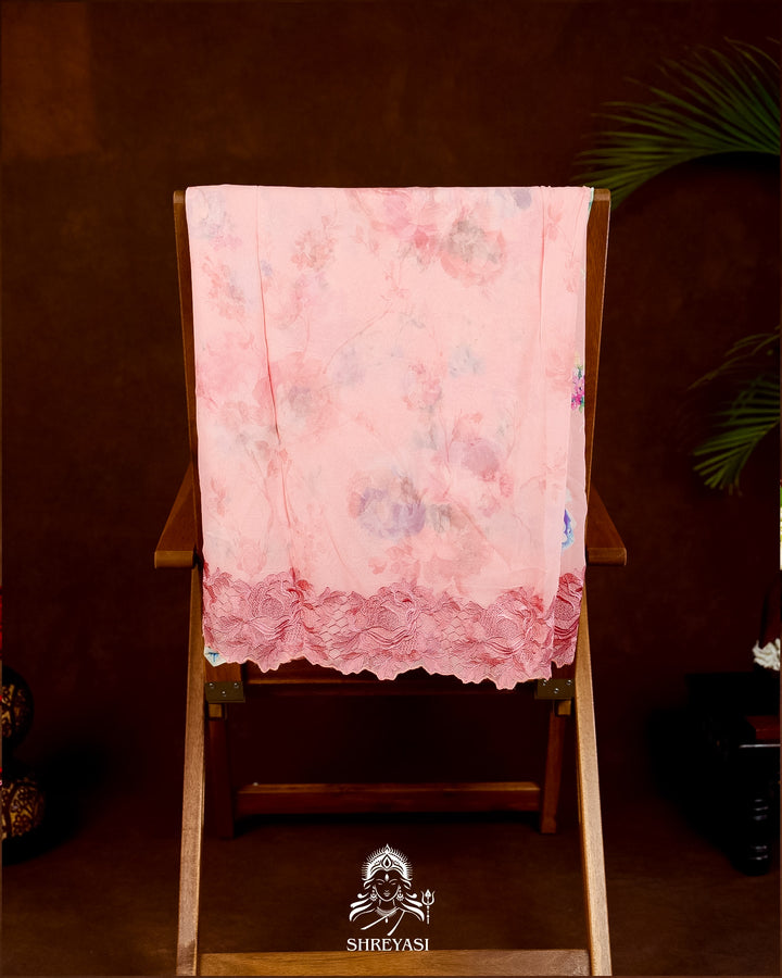 Pure Georgette Floral Saree with Chantilly Lace Embroidery Border
