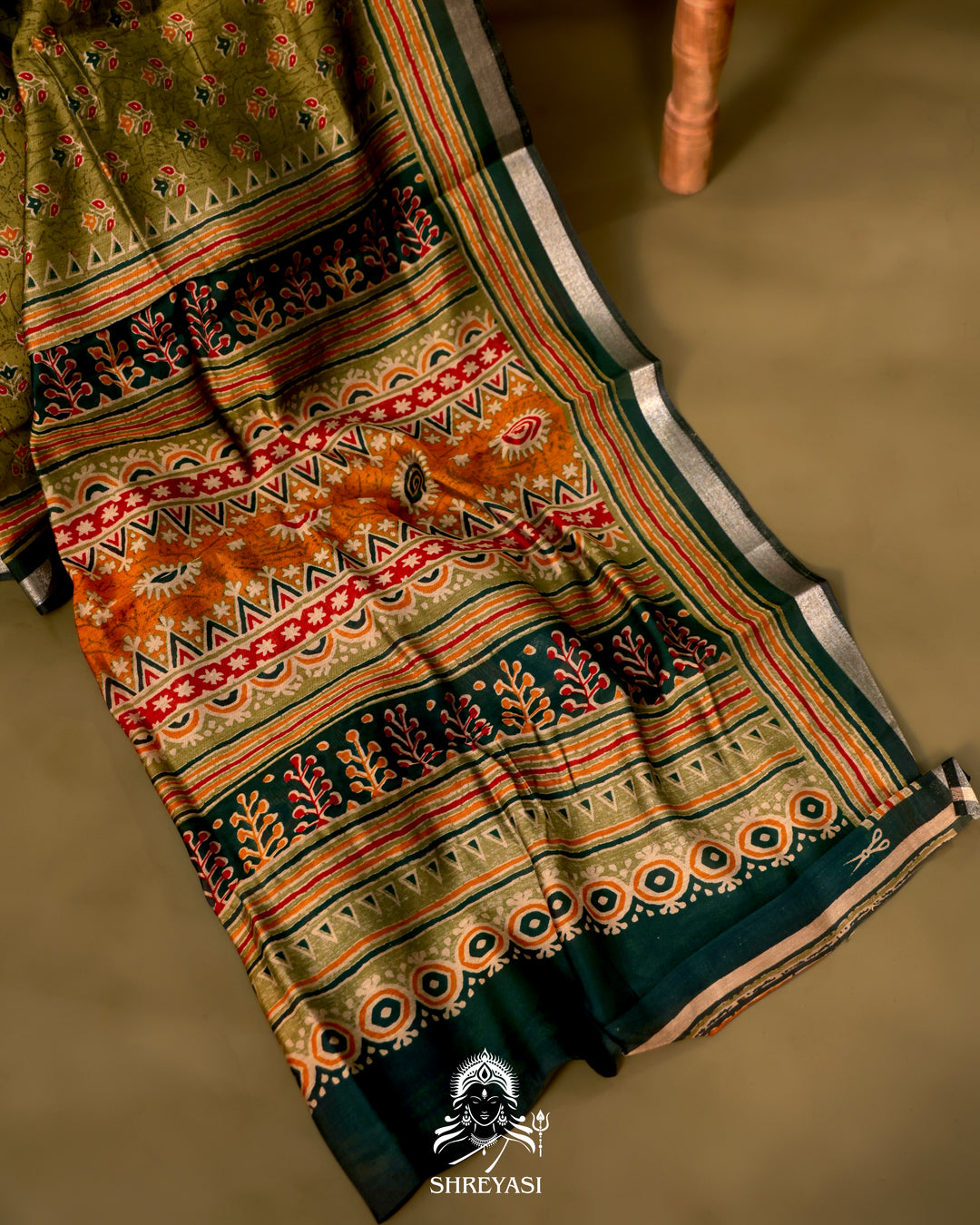 Olive Green Crystal Cotton Saree
