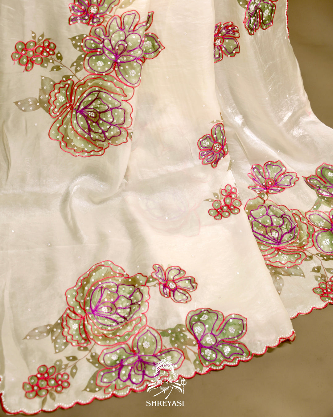 Glass Tissue Saree with Floral Print and  Embroidery