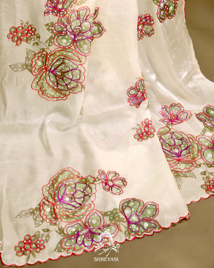 Glass Tissue Saree with Floral Print and  Embroidery