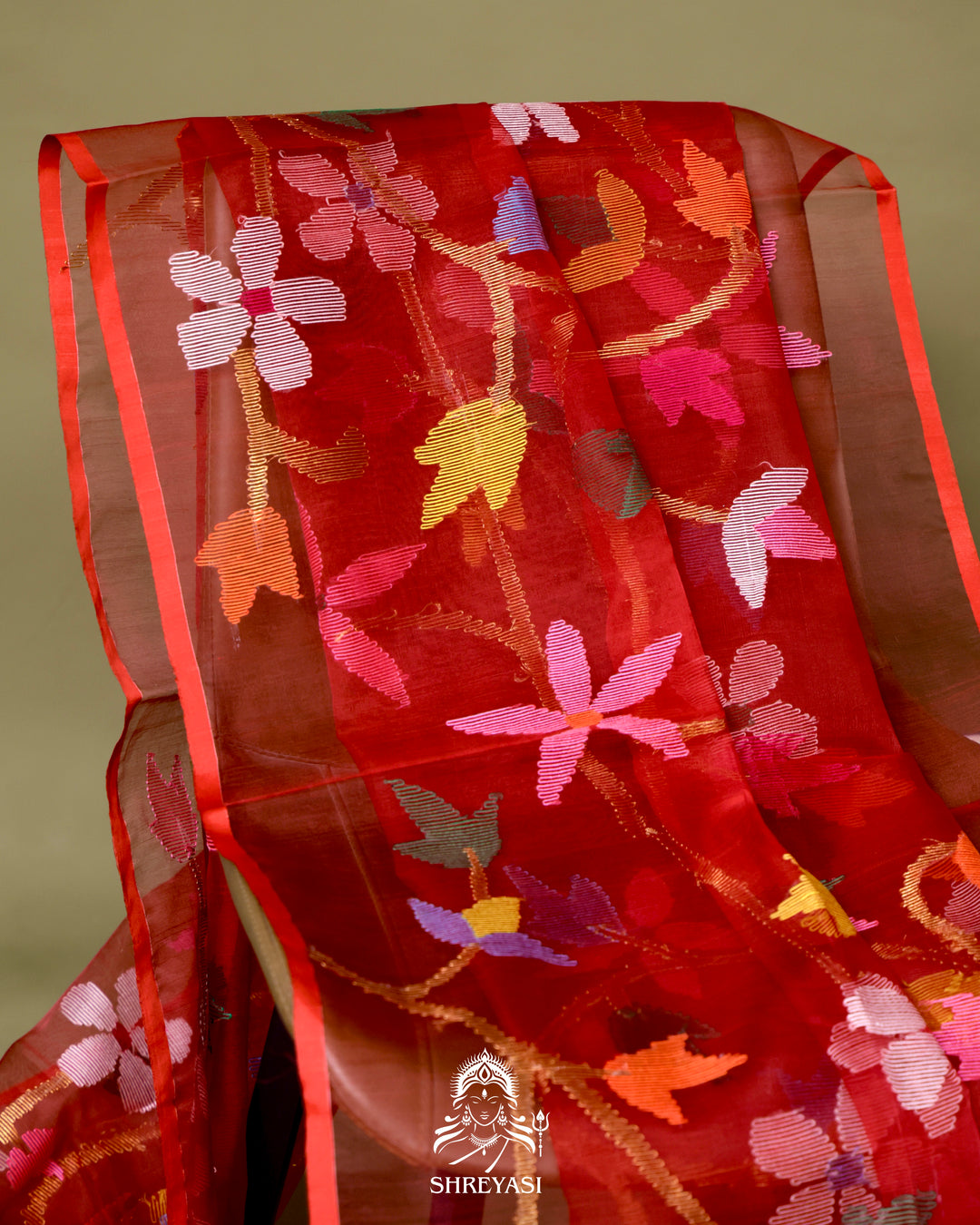 Handloom Pure Muslin Jamdani Saree in Full Jaal Needle Weaving