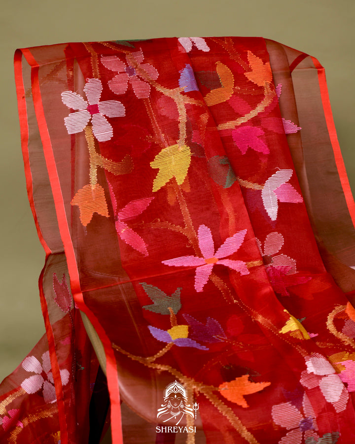 Handloom Pure Muslin Jamdani Saree in Full Jaal Needle Weaving