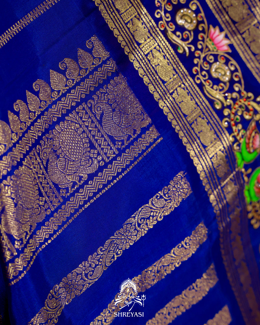Handloom Pure Kanjivaram Silk Saree in Real Zari with Tanjore Mayil and Kamalam Artwork
