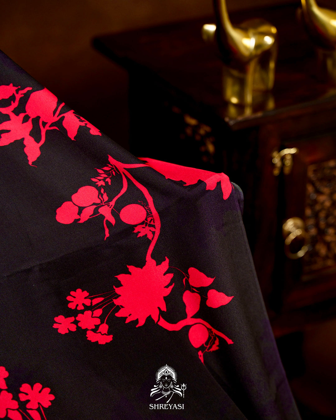 Pure Crepe Floral Saree in Black and Scarlet Red