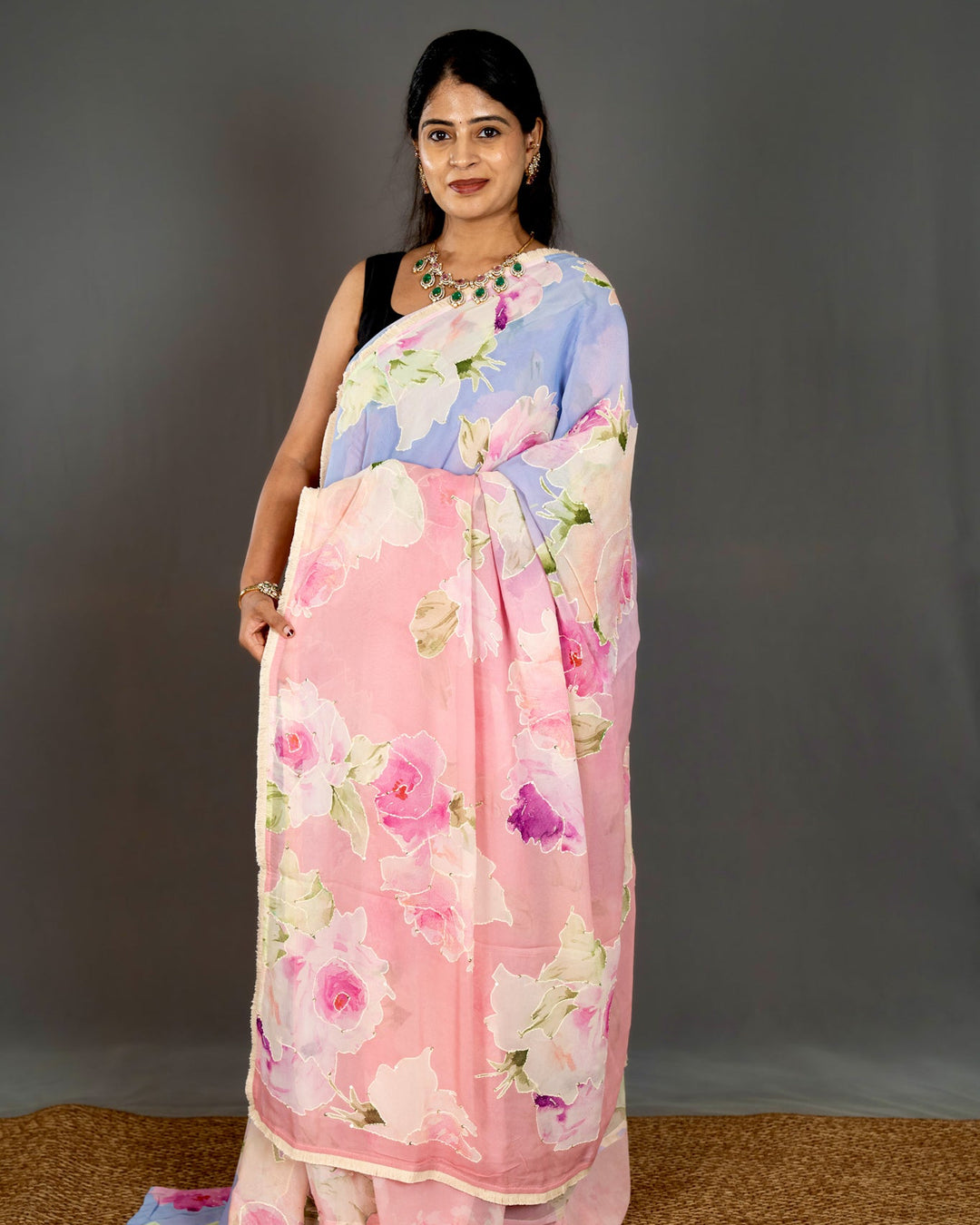 Pure Georgette Floral Saree with Thread Embroidery and Micro Sequins