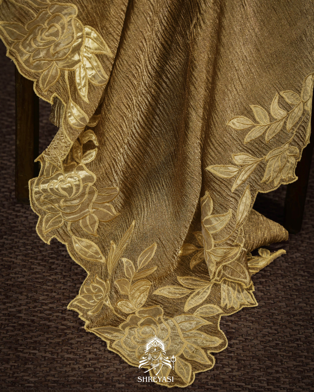 Handloom Pure Banarasi Crushed Tissue Silk Saree with Appliqué Borders