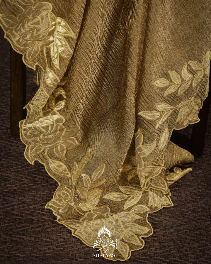 Handloom Pure Banarasi Crushed Tissue Silk Saree with Appliqué Borders