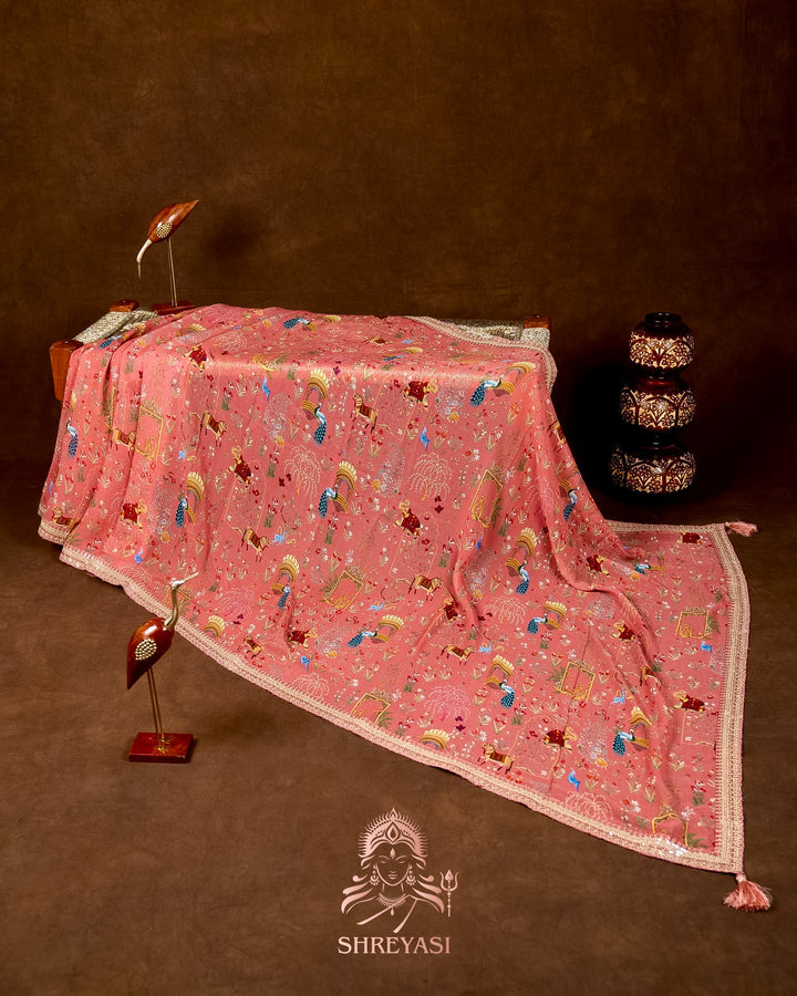 Mughal Garden Print Crepe Chinon Saree with Embroidered Border
