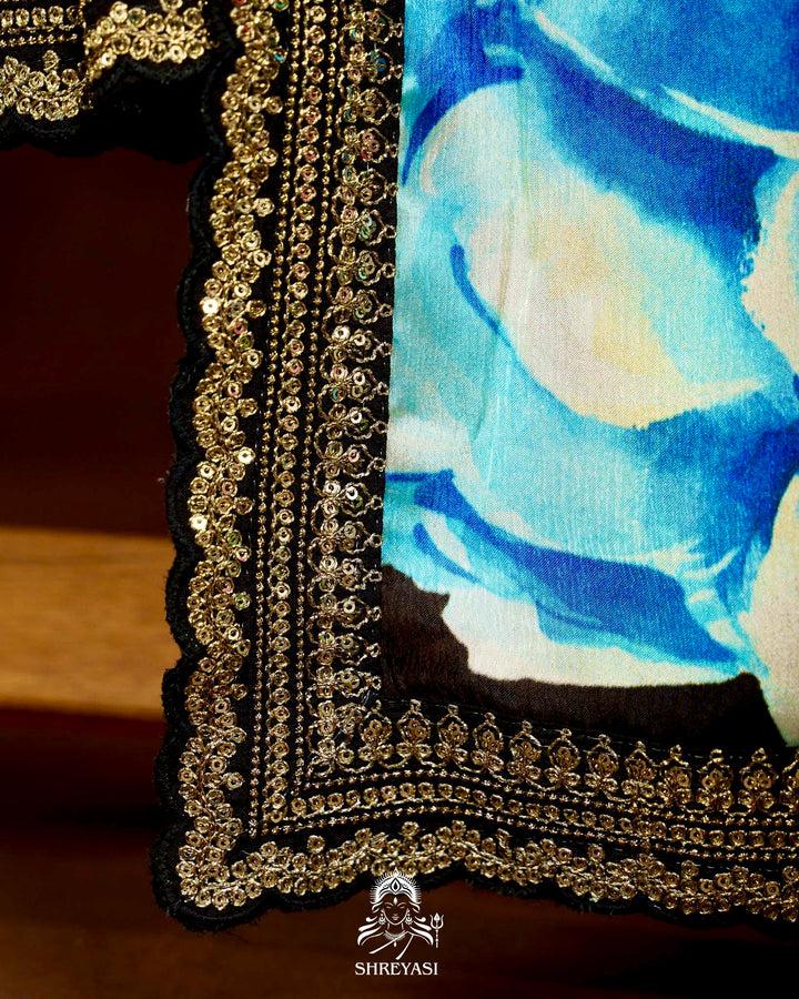 Pure Chinon Satin Saree with Floral Print and Embroidered Borders