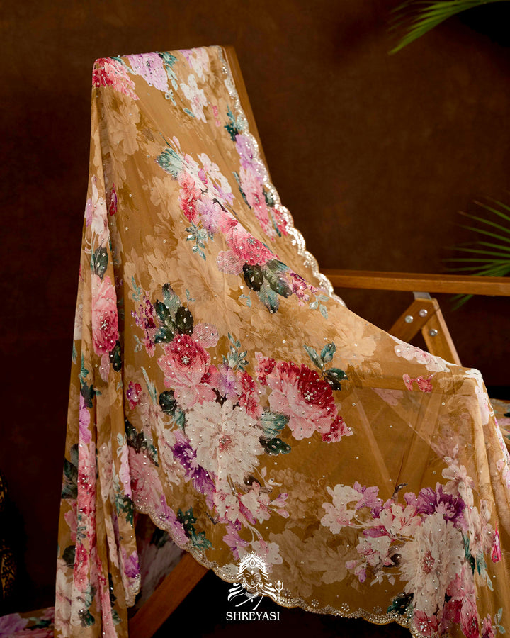 Hand Embellished Pure Georgette Floral Saree in Mocha Beige