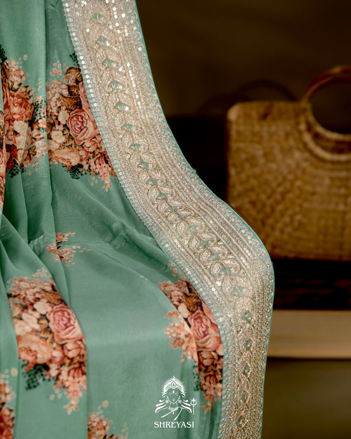 Crepe Satin Silk Saree with Floral Design and Embroidered Border