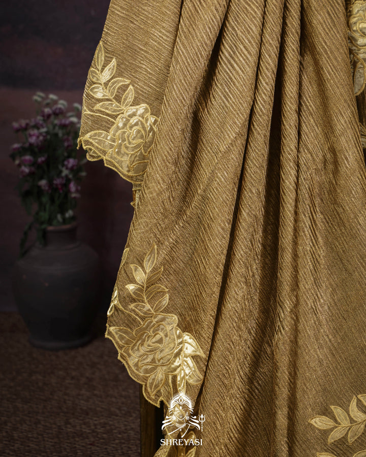 Handloom Pure Banarasi Crushed Tissue Silk Saree with Appliqué Borders