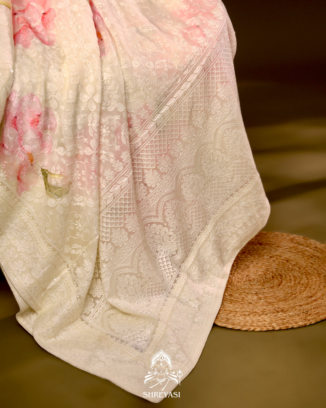 Georgette floral saree with chikankari embroidery