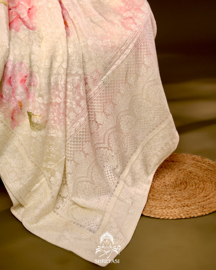 Georgette floral saree with chikankari embroidery