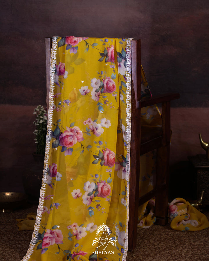 Floral Georgette Saree with Mirror Work Embroidery