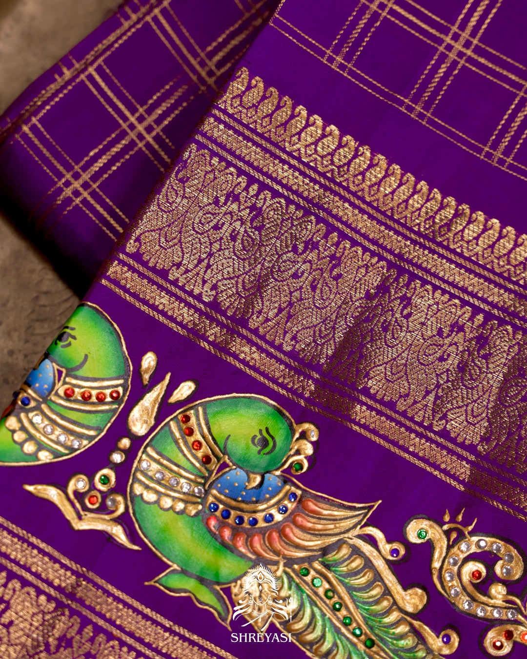 Handloom Pure Kanjivaram Silk Saree in Real Zari with Tanjore Kili and Kamalam Artwork