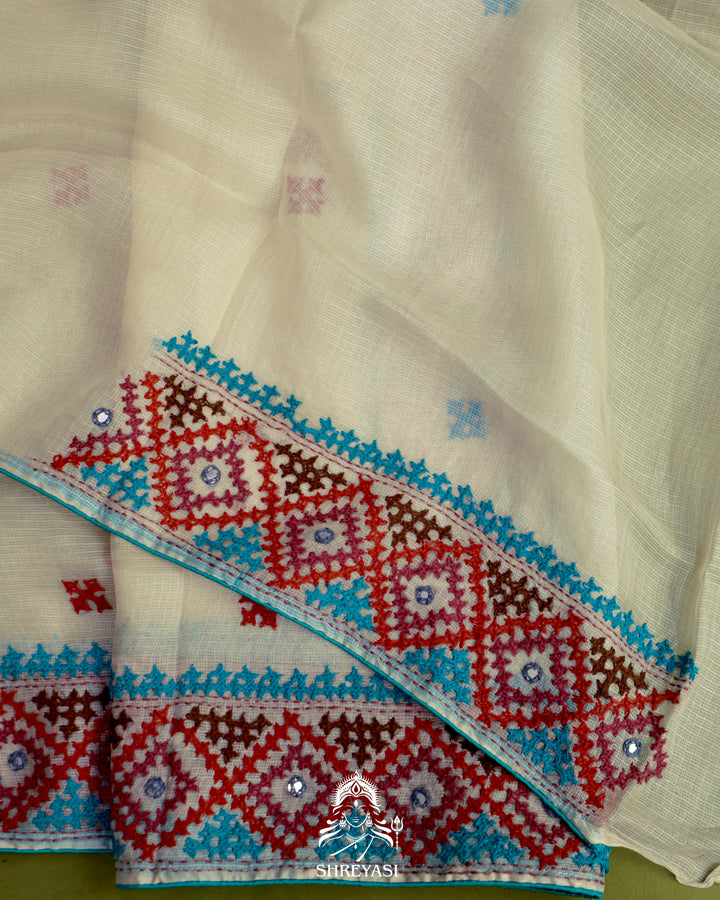 Handloom Pure Tussar Kota Saree with Kutch Hand Embroidery and Mirror Work