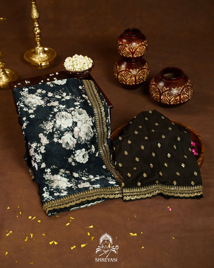Midnight Noir Pure Chinon Satin Saree with Embroidered Borders