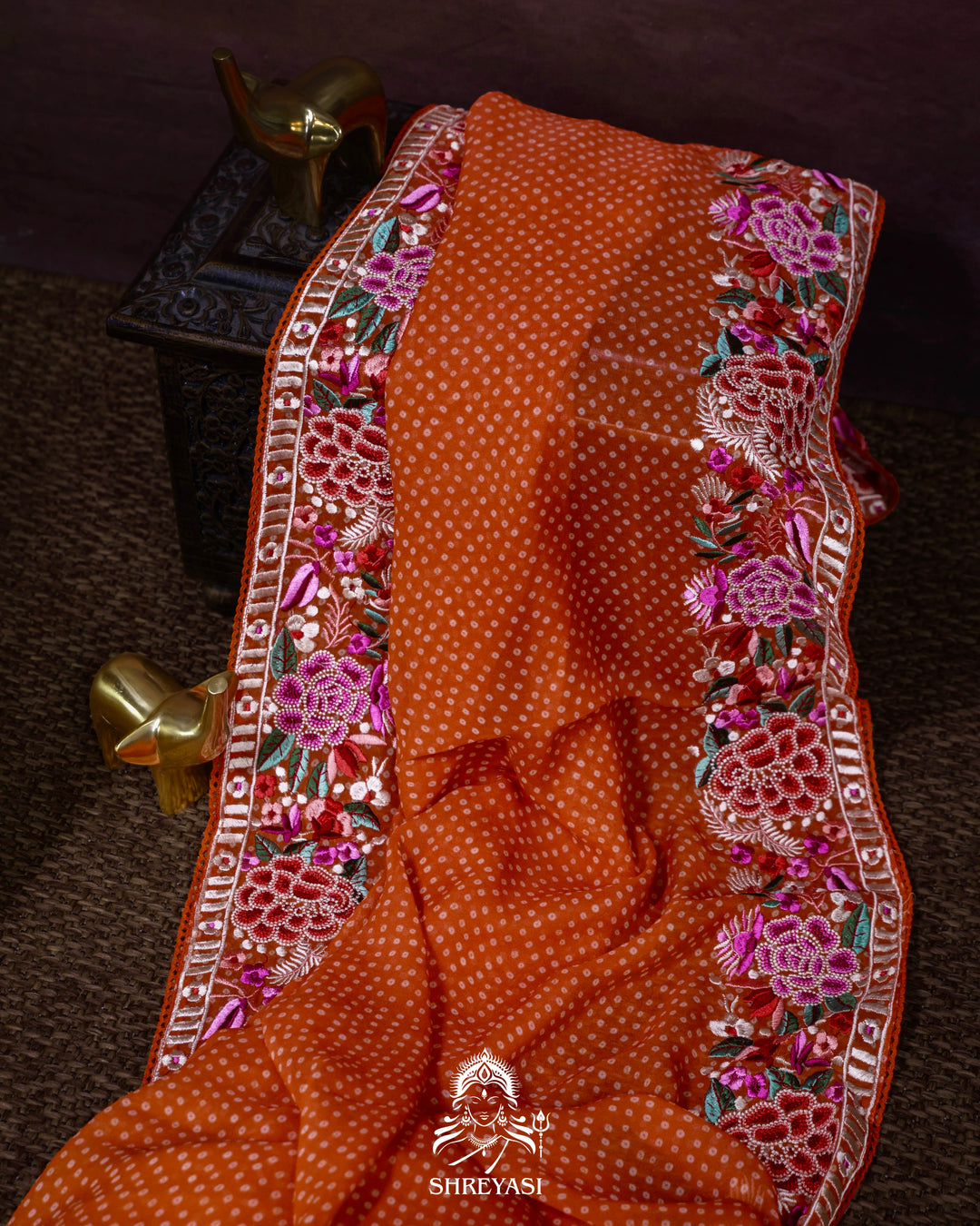 Pure Georgette Saree with Parsi Gara Style Embroidered Borders and Bandhej Body