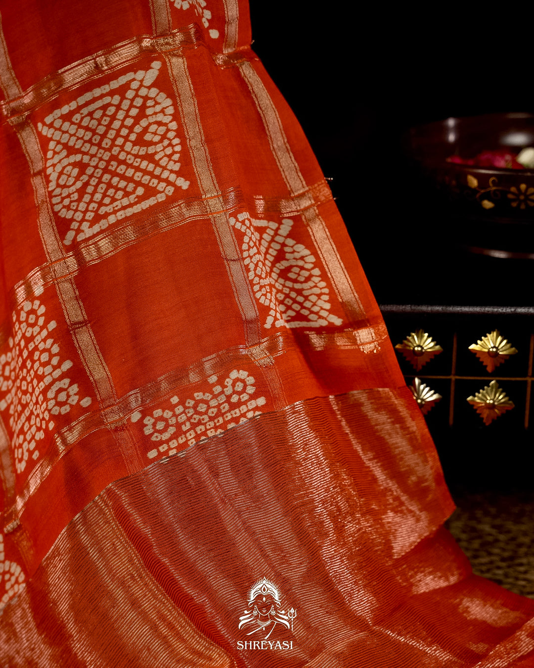 Gharchola-Style Bandhini Matka Silk Saree with Zari Checks