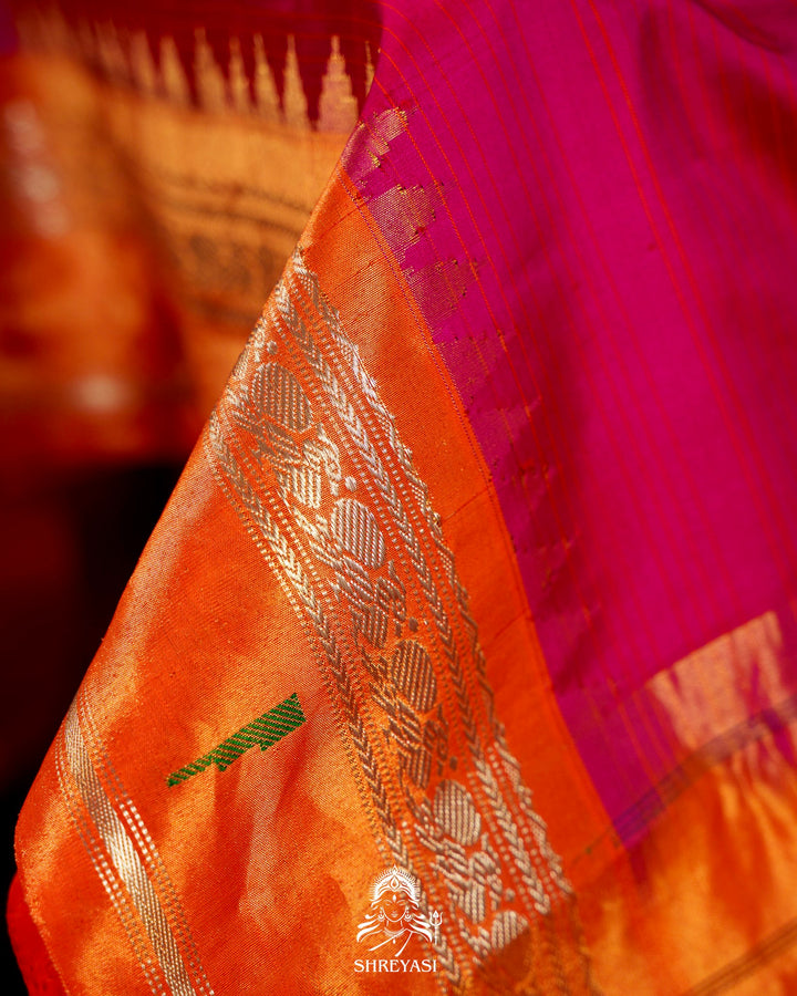 Handloom Pure Gadwal Silk Saree in Rani Pink with Orange Tissue Muniya Border