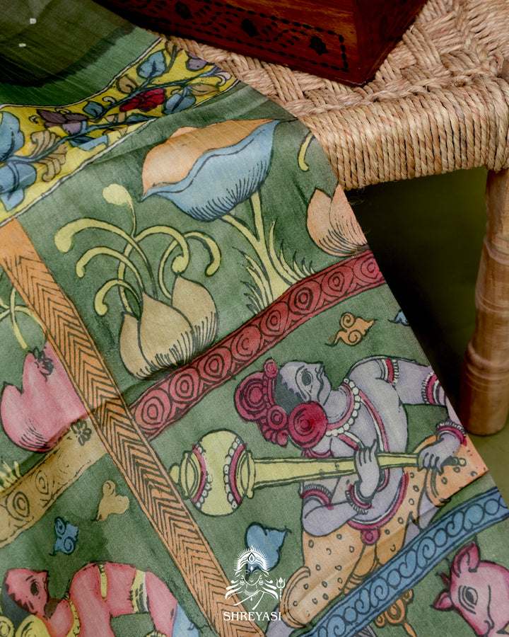 Handloom Pure Tussar Silk Saree with Hand Knotted Bandhej and Pen Kalamkari Pallu and Blouse