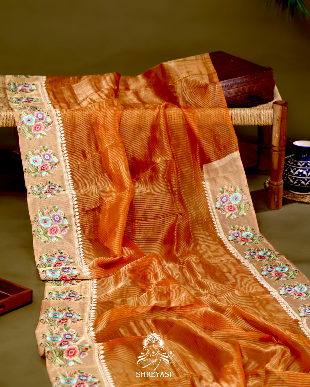 Handloom Banarasi Tissue Stripe Silk Saree with Satin Stitch Floral Embroidered Borders
