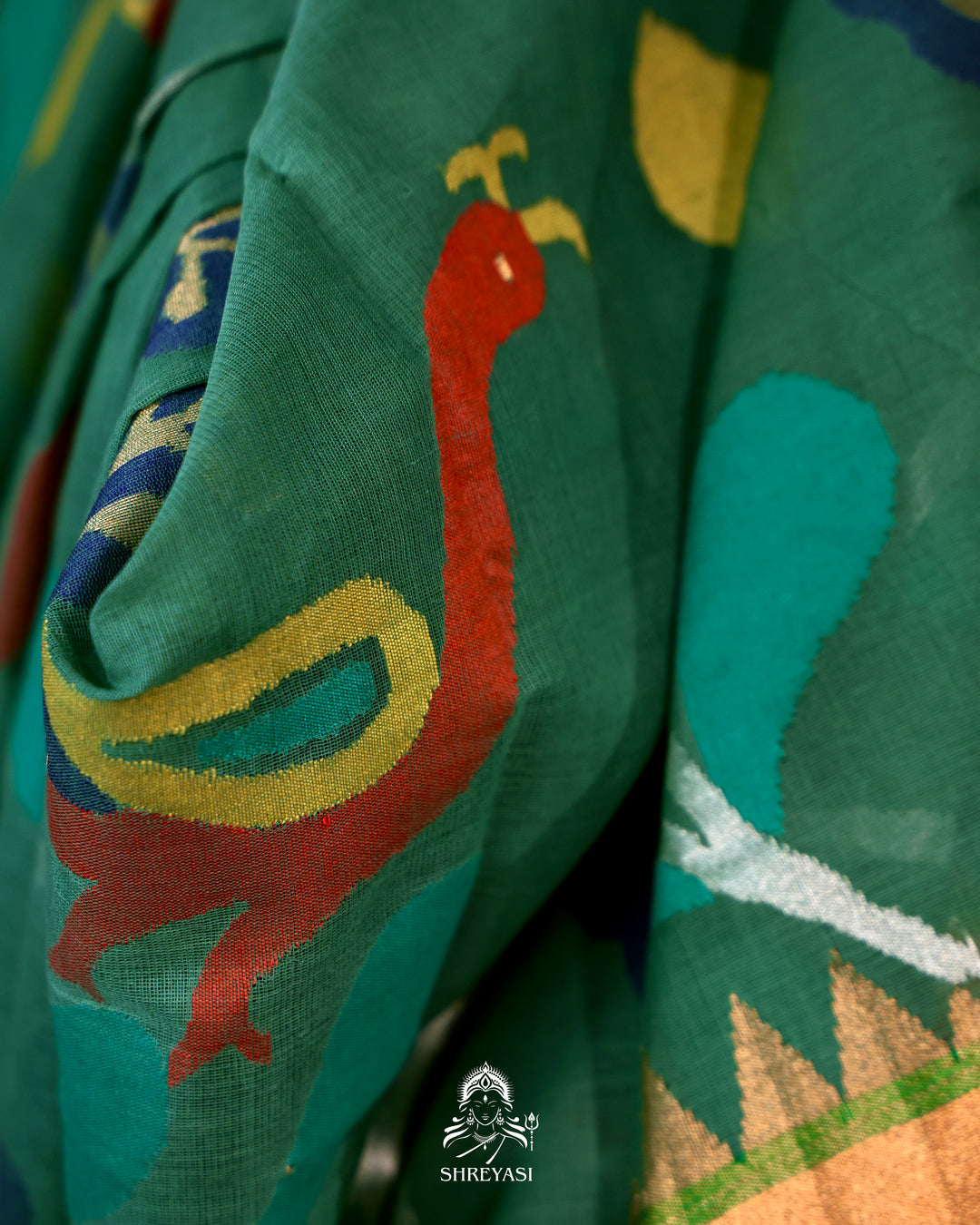 Handwoven Pure Ponduru Khadi Jamdani Saree with All-Over Peacock Vine Weave