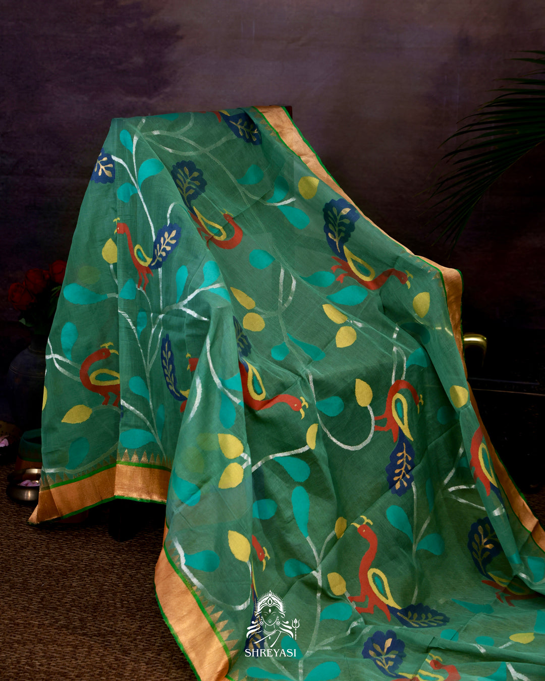 Handwoven Pure Ponduru Khadi Jamdani Saree with All-Over Peacock Vine Weave