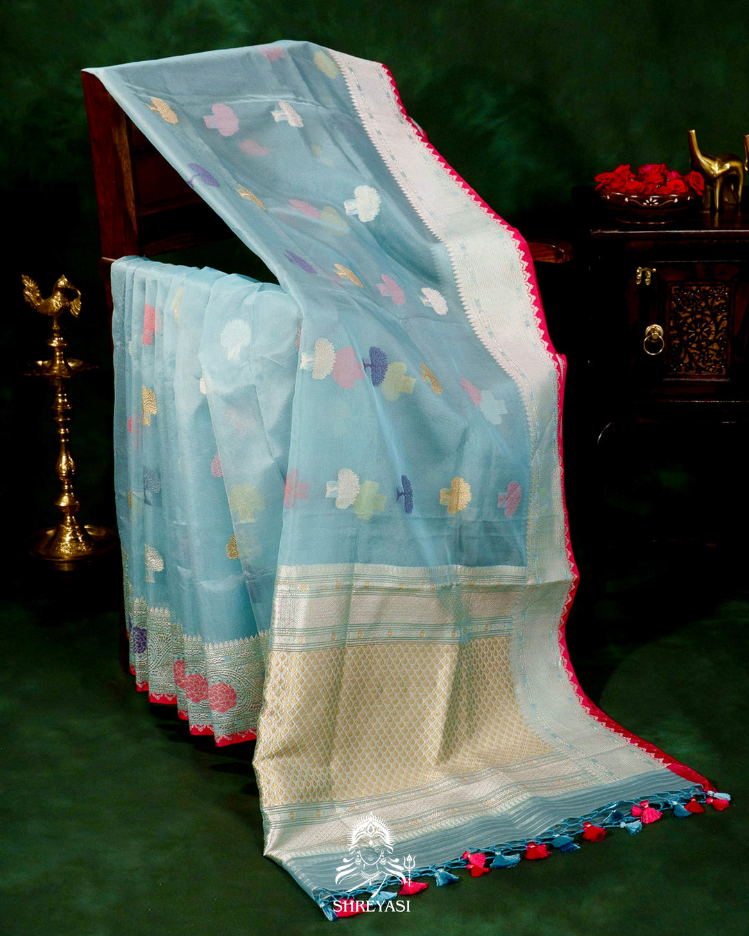 Handloom Pure Banarasi Ektara Kora Silk Saree with Meenakari Weaving & Embroidered Blouse