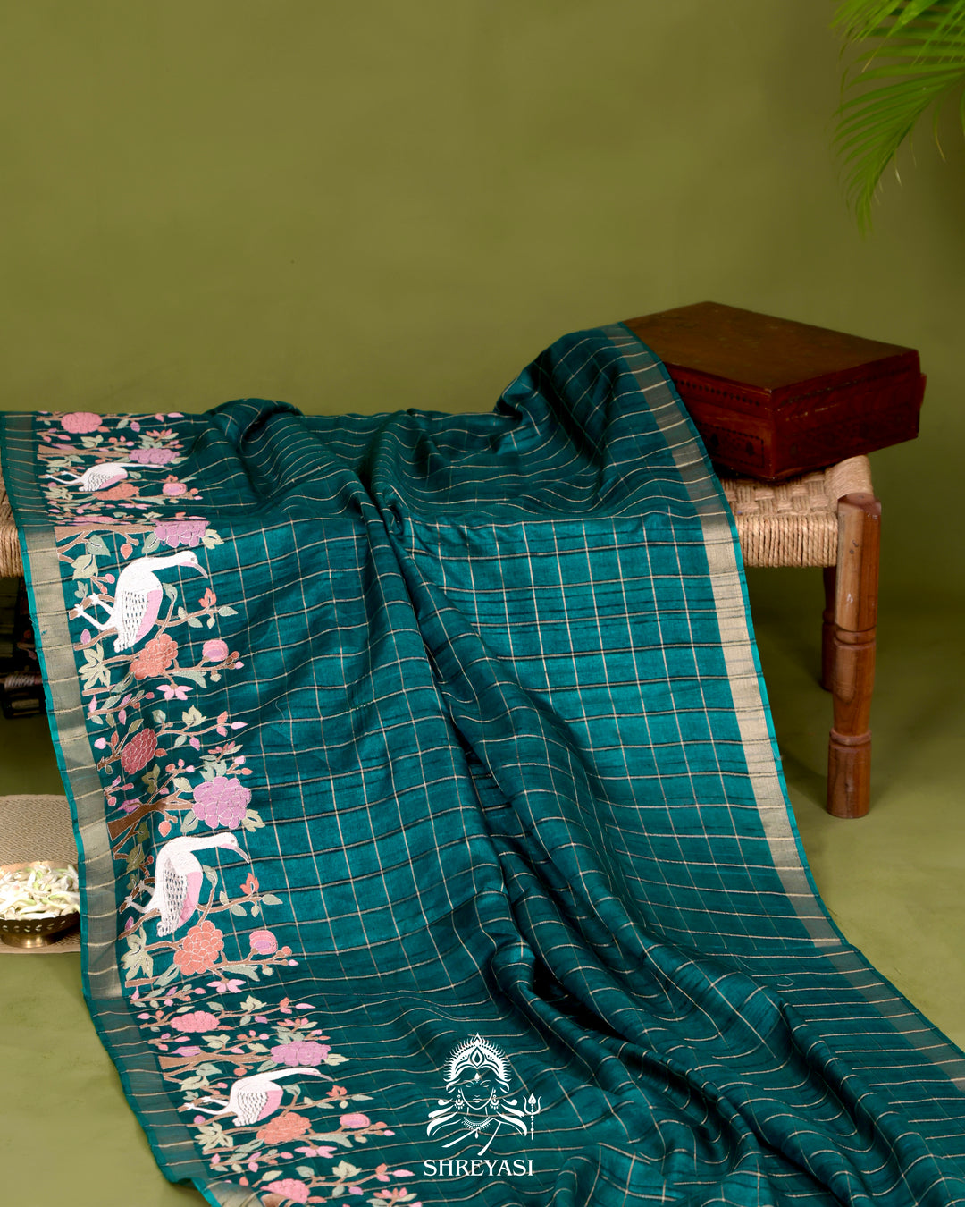 Pure Linen Tussar Silk Saree with Resham Embroidered Borders