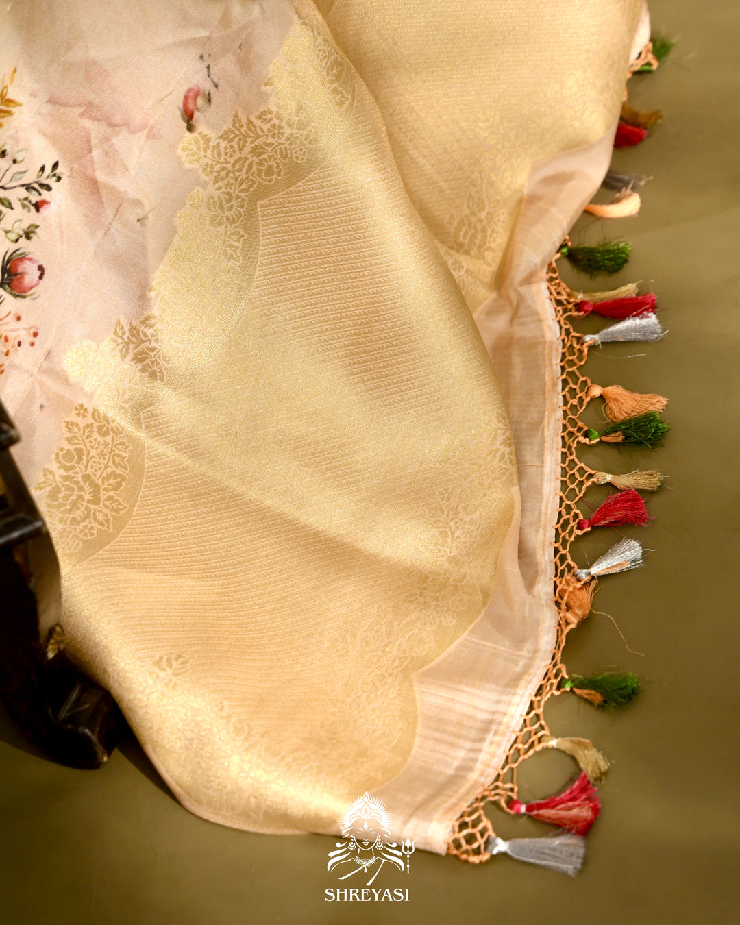 Banarasi Chiniya Silk Saree with Floral Body and Scalloped Zari Border