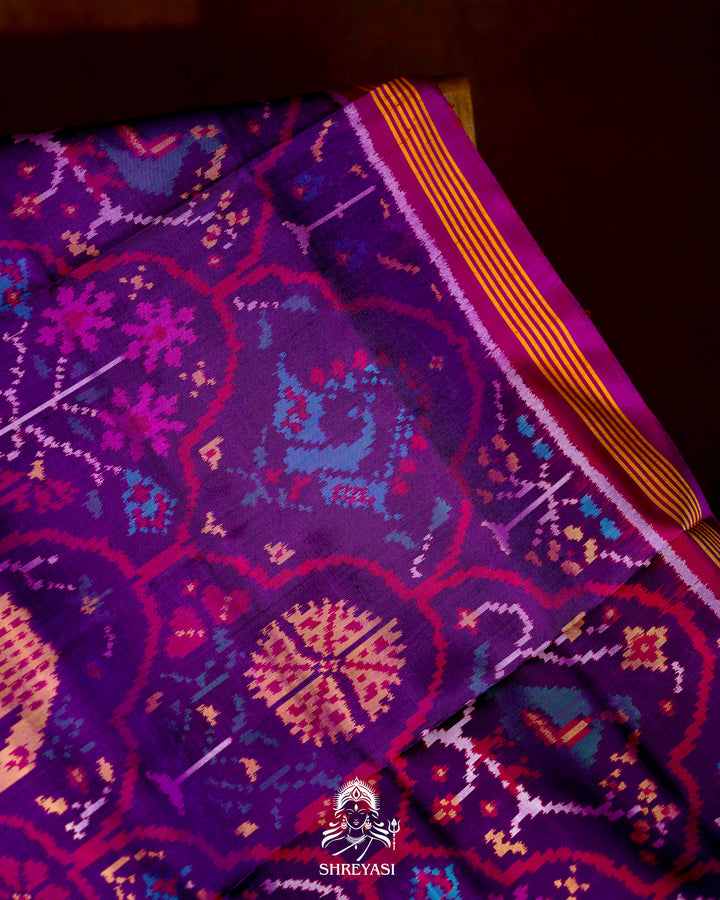Handloom Pure Rajkot Patola Silk Saree with Animal & Floral Ikat Motifs
