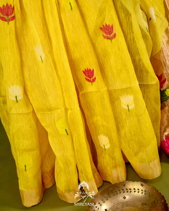 Handloom Silk Linen Jamdani Saree with Tissue Paithani Pallu
