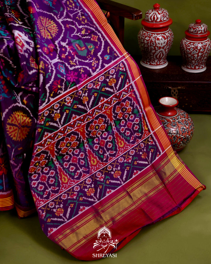 Handloom Rajkot Patola Silk Saree in Deep Violet with Multicolor Ikat