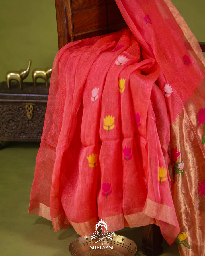 Handloom Silk Linen Jamdani Saree with Tissue Paithani Pallu