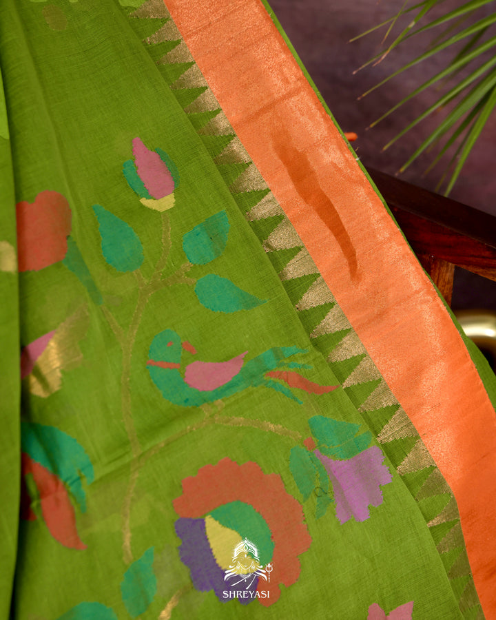 Handwoven Pure Ponduru Khadi Jamdani Saree in Fresh Leaf Green with Woven Floral & Bird Pallu
