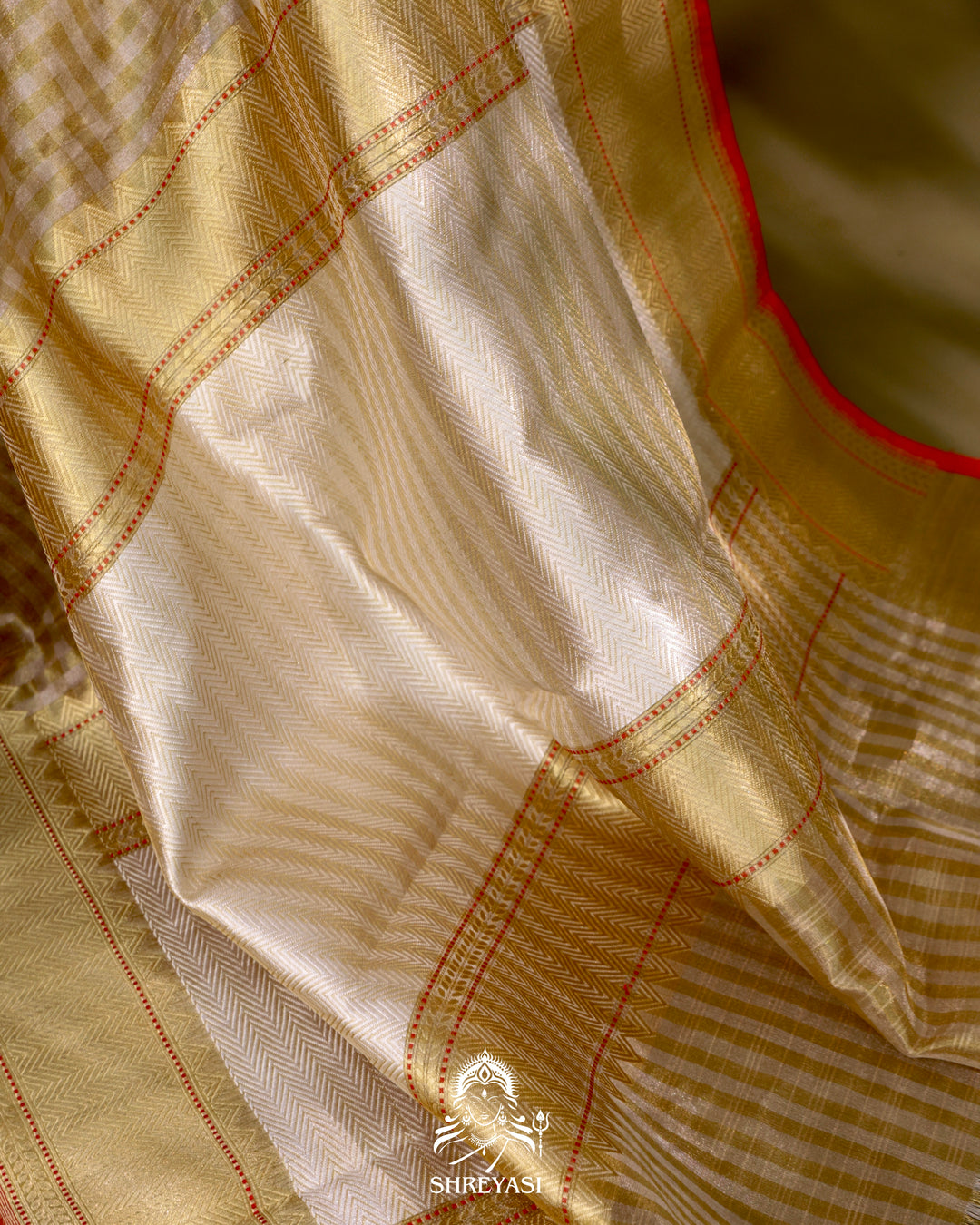 Banarasi Tissue Silk Saree in Kadhwa Weaving with Zari Polkas and Contrast Selvedge