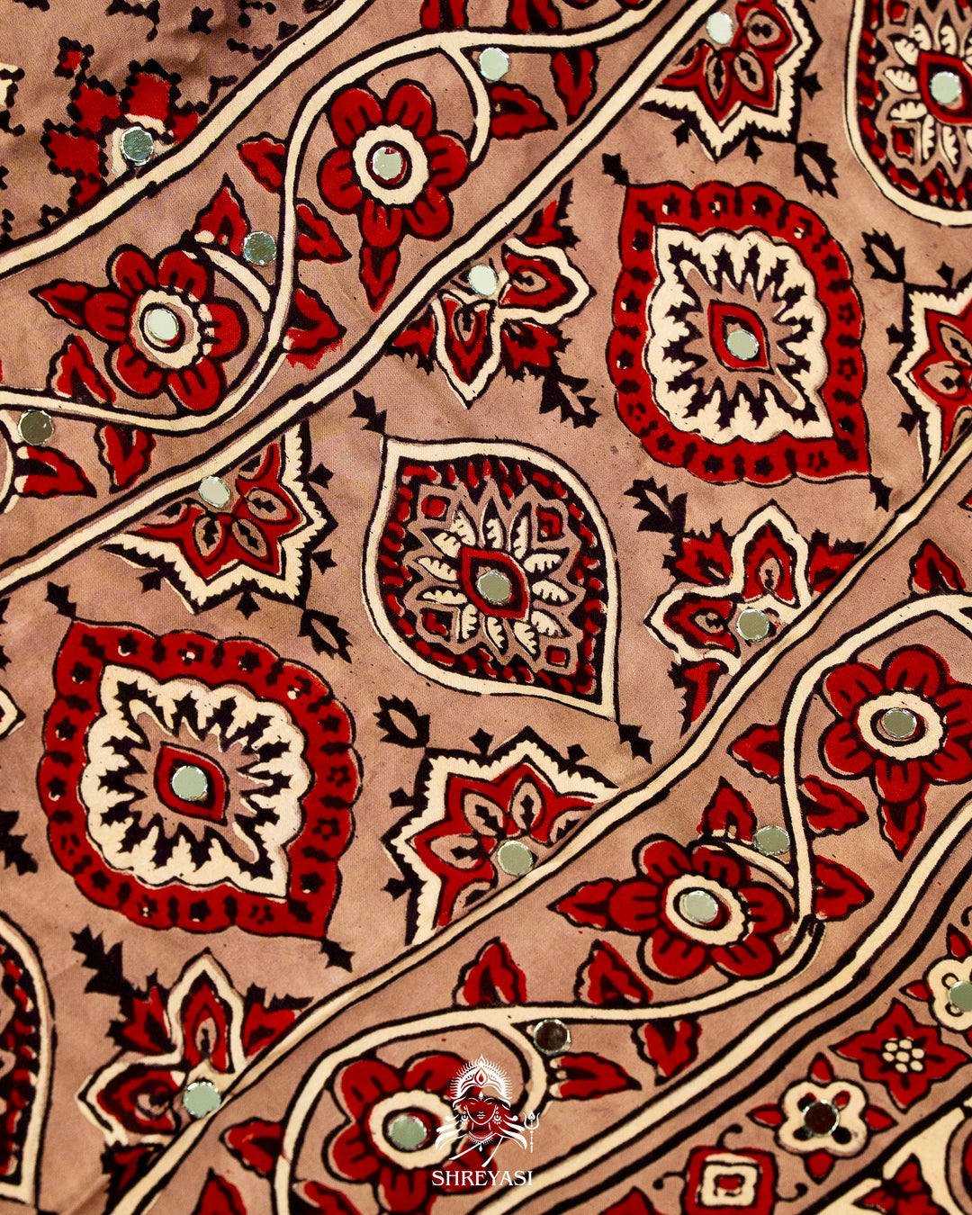 Mirror Work Pure Modal Silk Ajrakh Hand Block Printed Saree | Naturally Dyed Artisan Collection