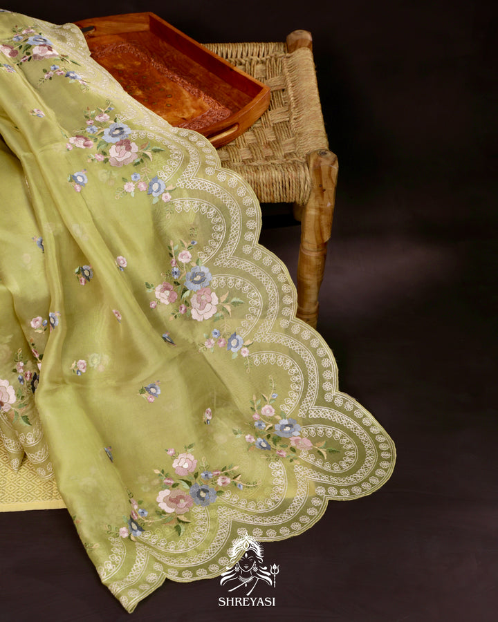 Organza Silk Saree with Pita Hand Embroidery and Floral Threadwork