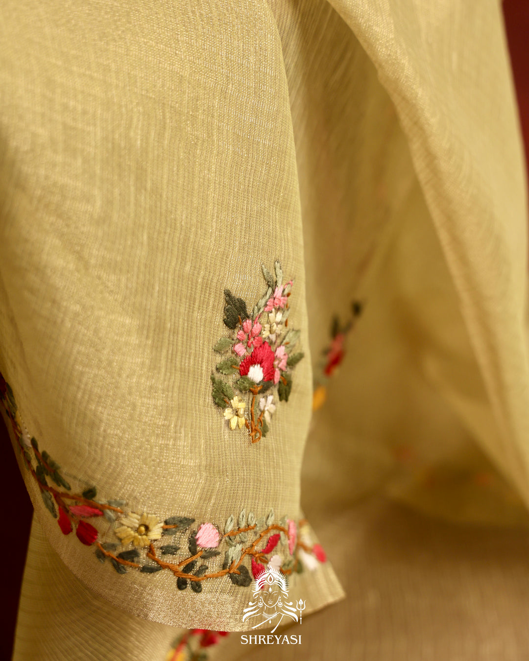 Tissue Linen Saree with Resham Floral Embroidery