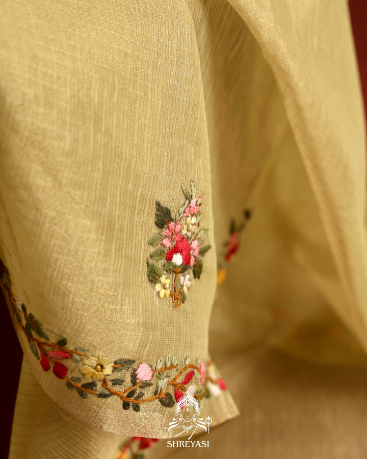 Tissue Linen Saree with Resham Floral Embroidery