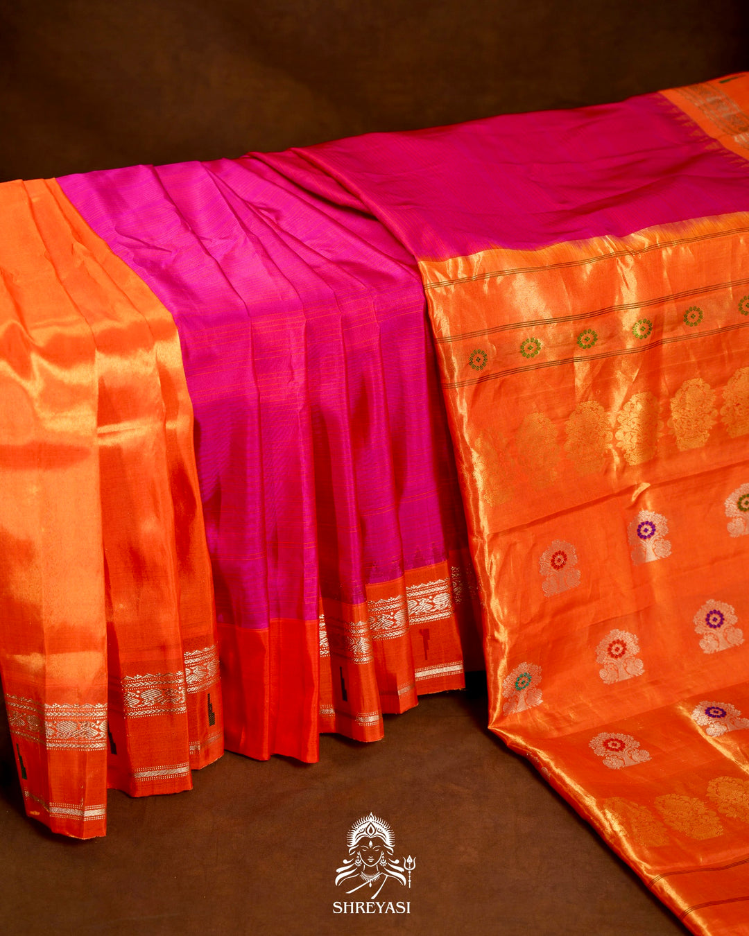 Handloom Pure Gadwal Silk Saree in Rani Pink with Orange Tissue Muniya Border
