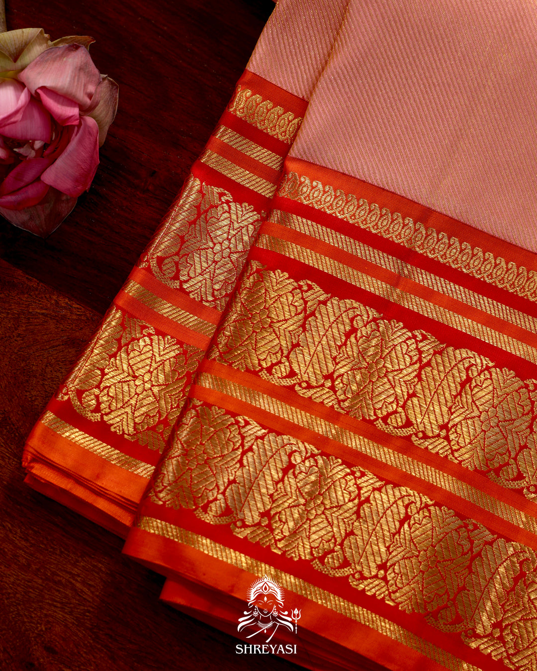 Handloom Pure Kanjivaram Silk Saree in Real Zari - Peach pink with Red and Orange Korvai Border